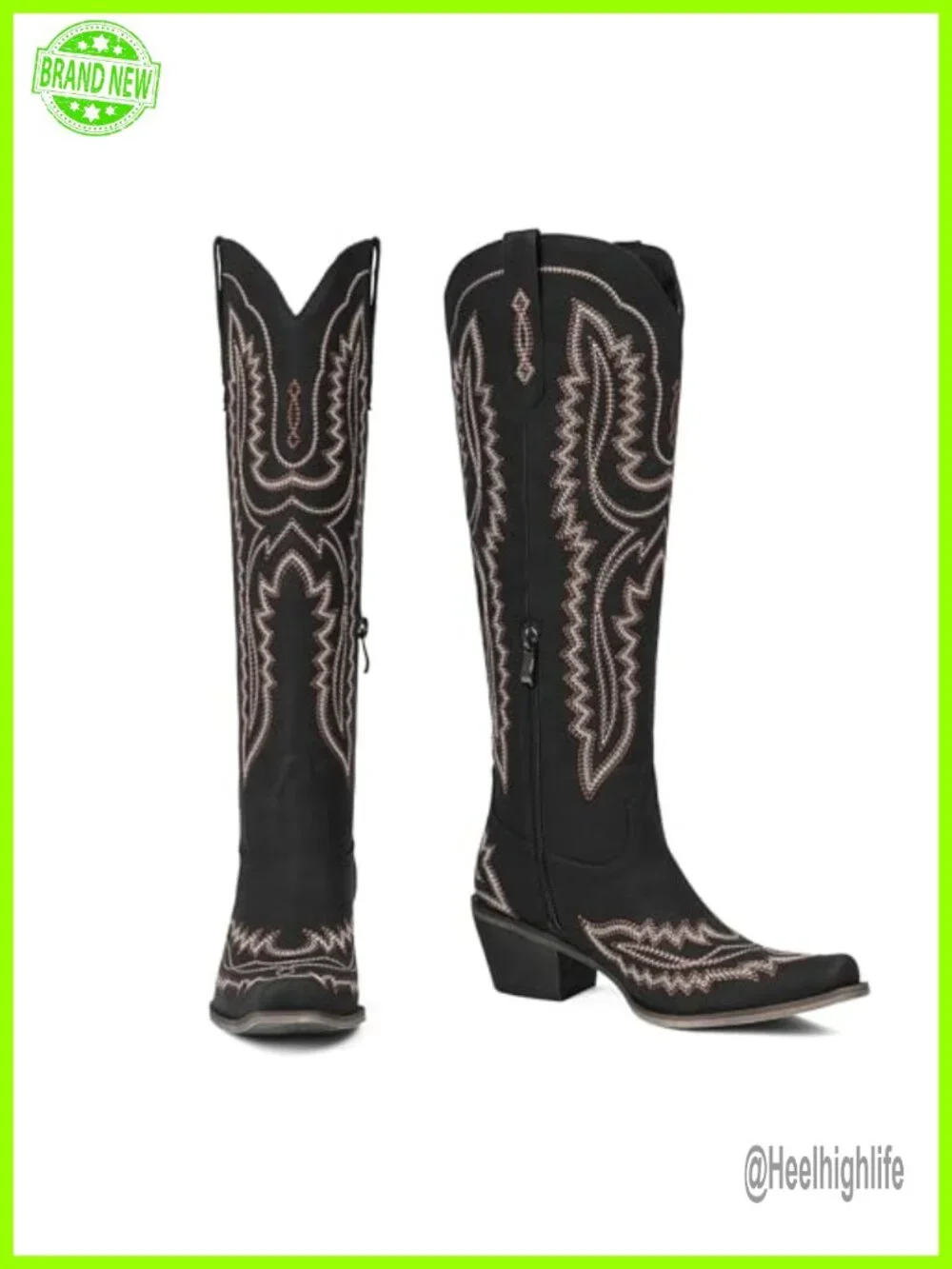 Knee High Cowboy Boots for Women Embroidered Chunky Heel Square Toe Fashion
